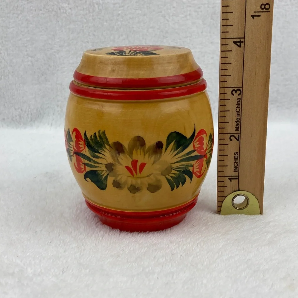 VTG 1973 Russian Hand-Painted Floral Wooden Container with Lid 4”
